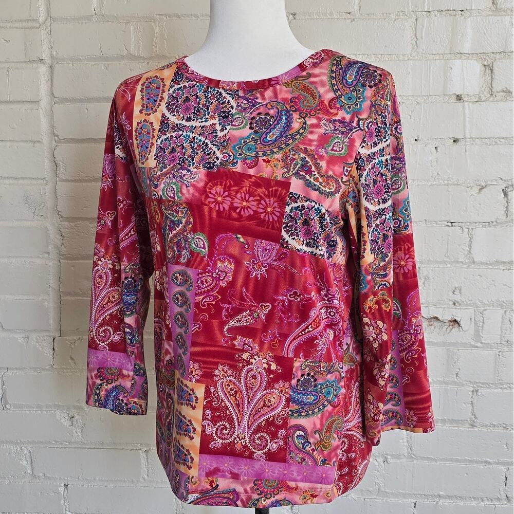 Coldwater Creek Pink Paisley Patchwork Knit Top S 3/4 Sleeve Stretch Boho